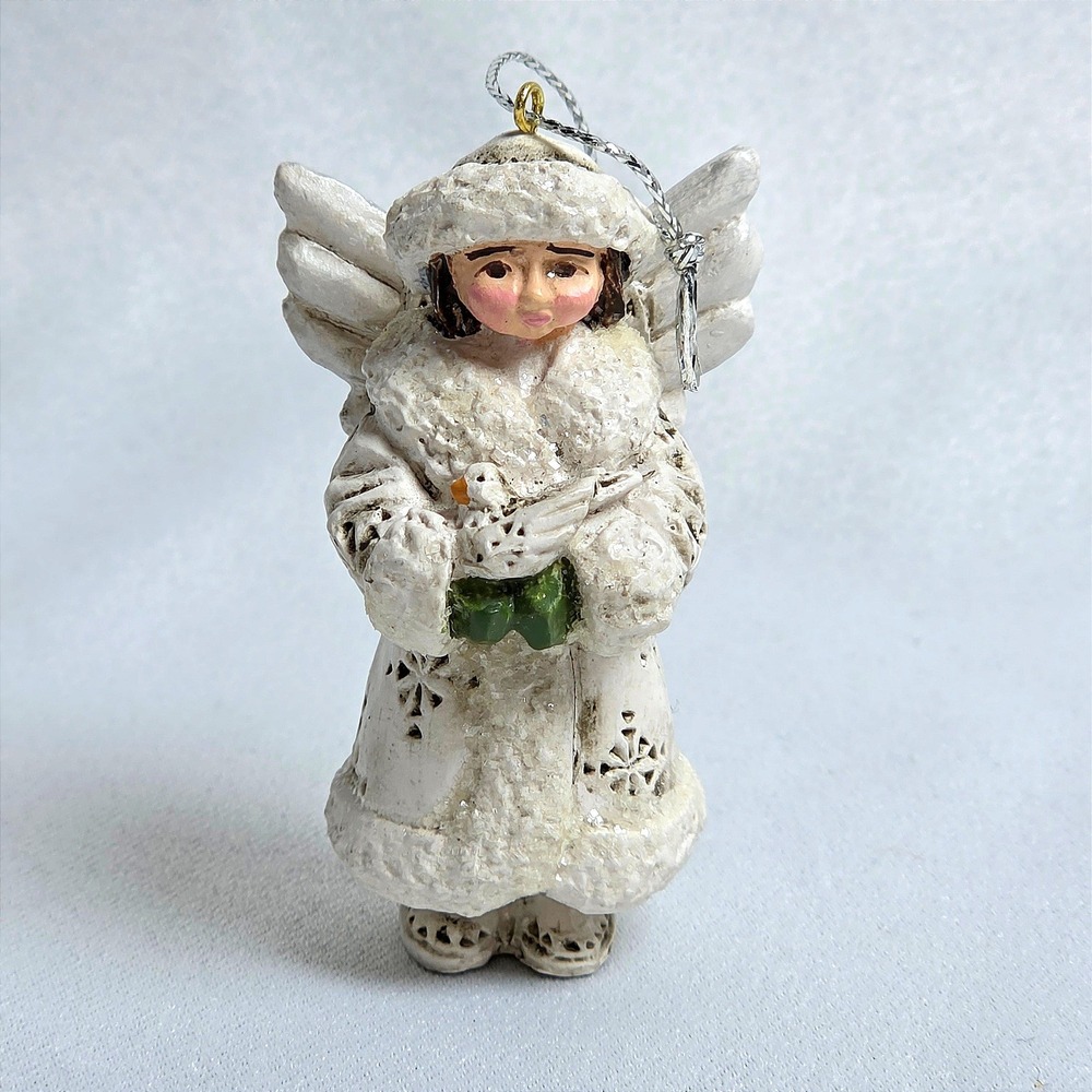 Vintage 1990s Pam Schifferl Angel Christmas Ornament White Fur Coat Bird